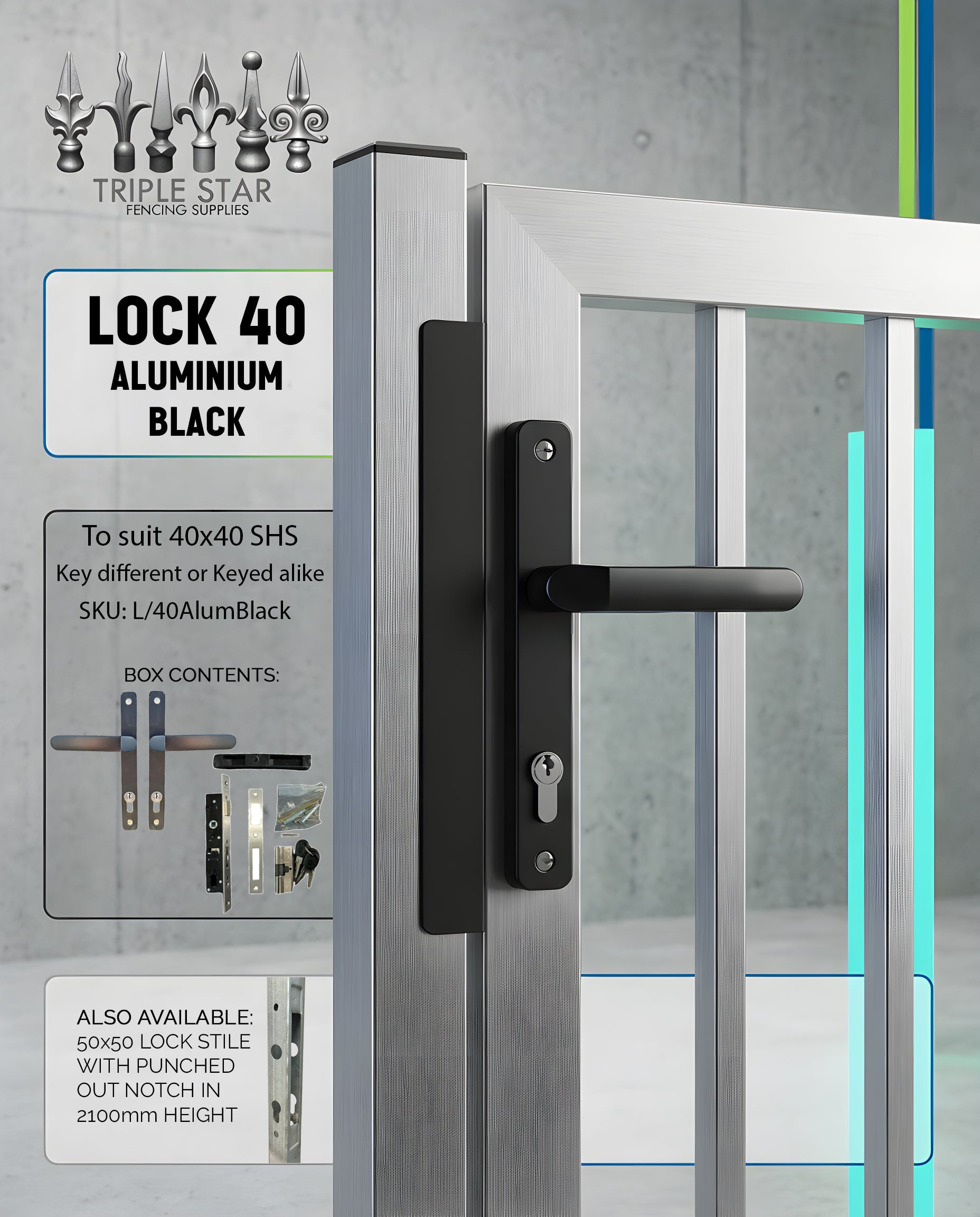 Lock to suit 40x40 (Black Aluminium)
