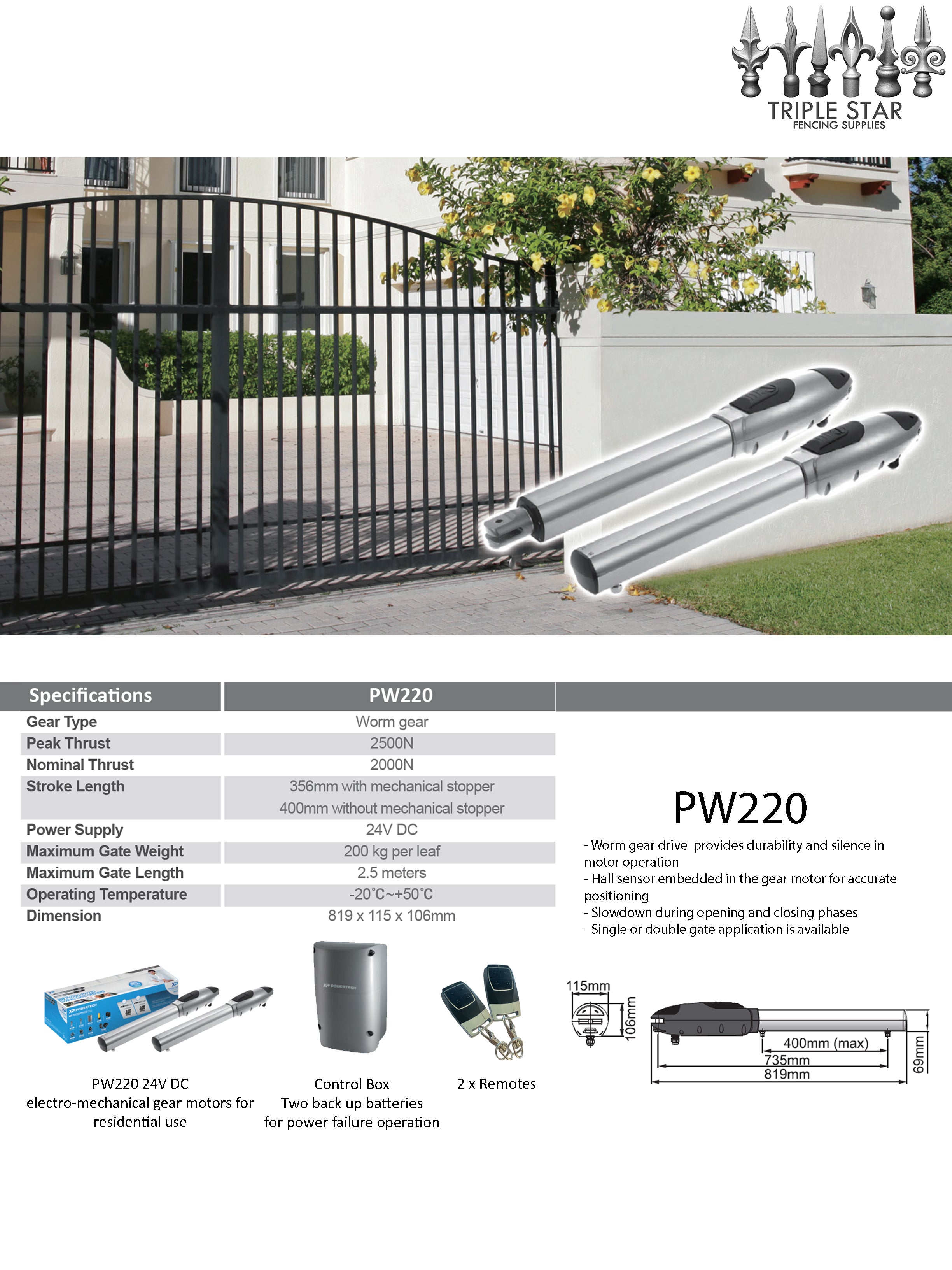 Powertech Swing Gate Motor PW220 DC24V