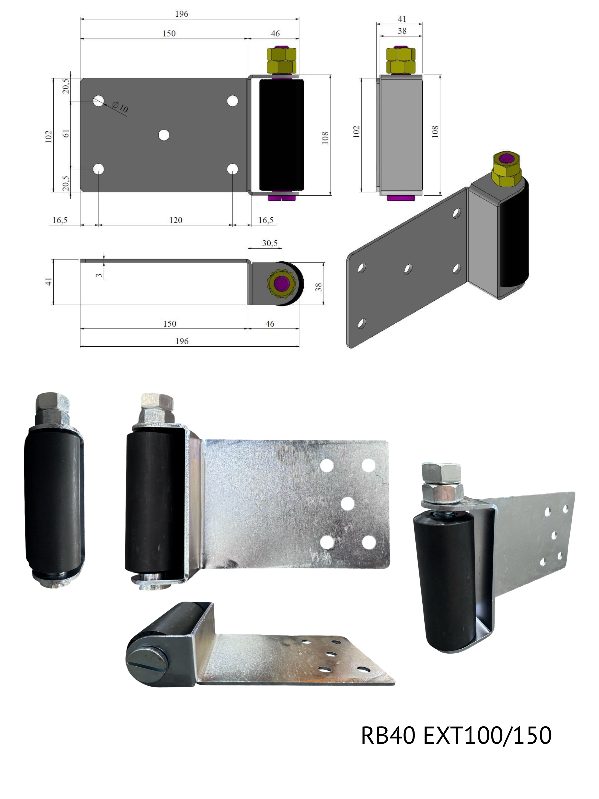 Roller Ø40 with Extended Bracket 100x150mm